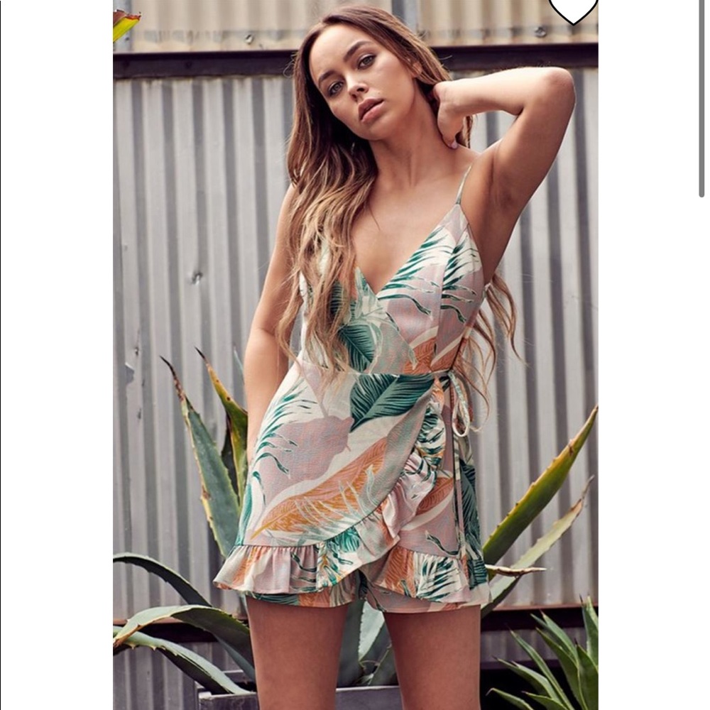 Blue Blush Tropical Leaf Wrap Romper in Blush and Green